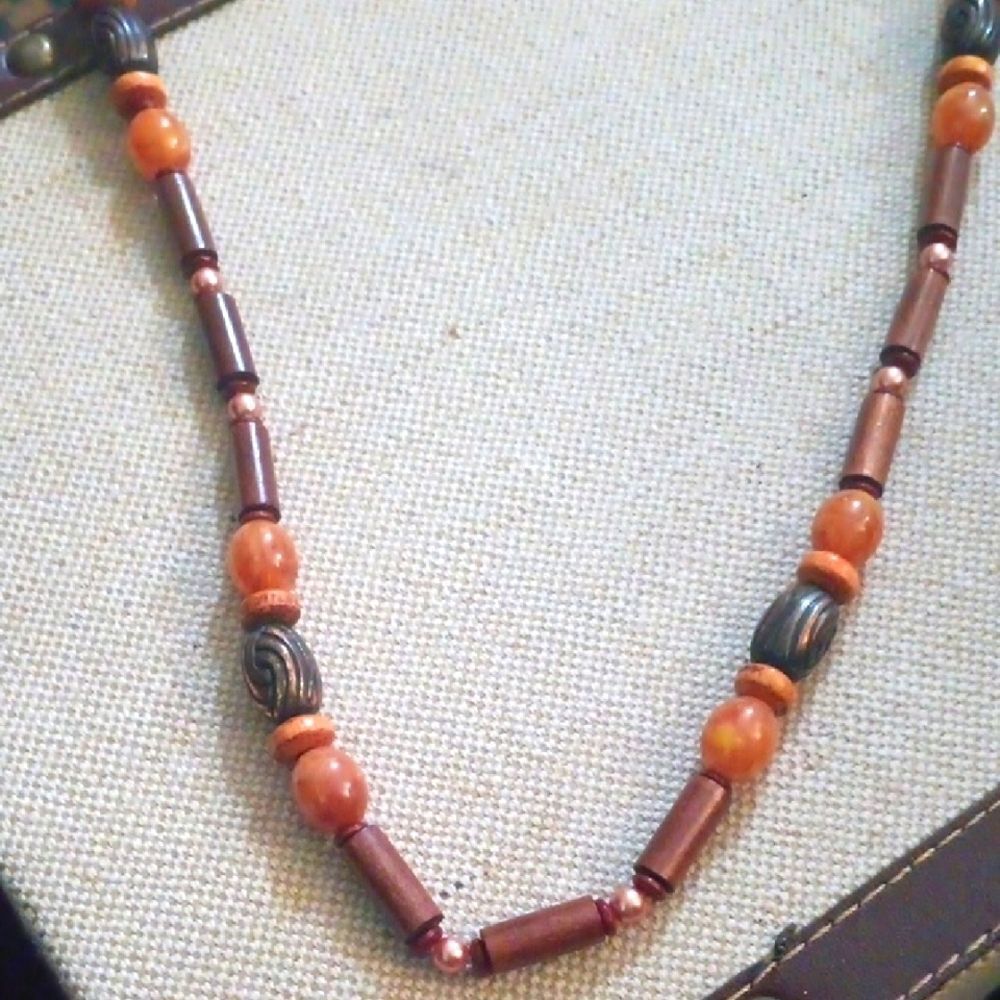 Vintage Elegant Wood and Gemstone Beaded 17" Long  Necklace